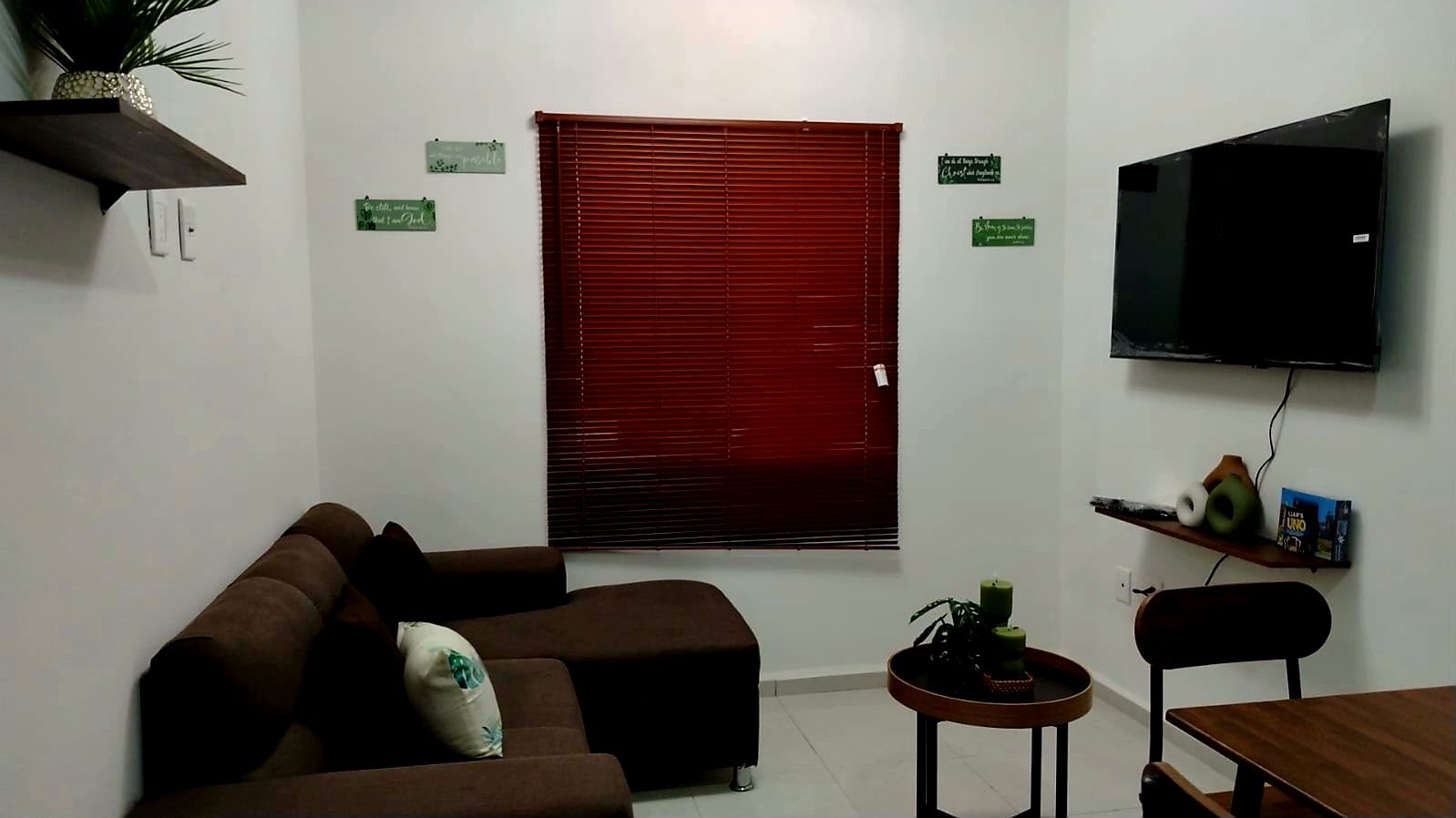 A living room with a sofa, a television, a small table with a plant, and a window with blinds.
