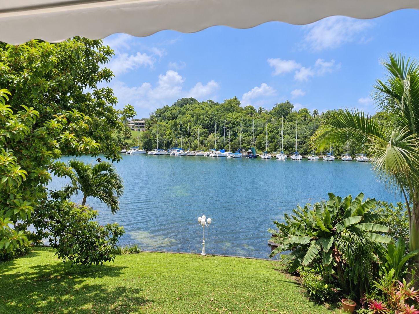 A lake with boats, surrounded by lush greenery and a clear sky.
