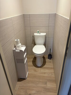 A small bathroom with a toilet, a toilet paper holder, and a cleaning brush. - Downtown ground-floor apartment (La Chapelle-en-Vercors)