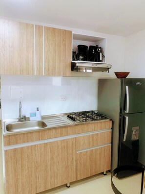 Eine Küche mit Gasherd, Spüle und Kühlschrank.