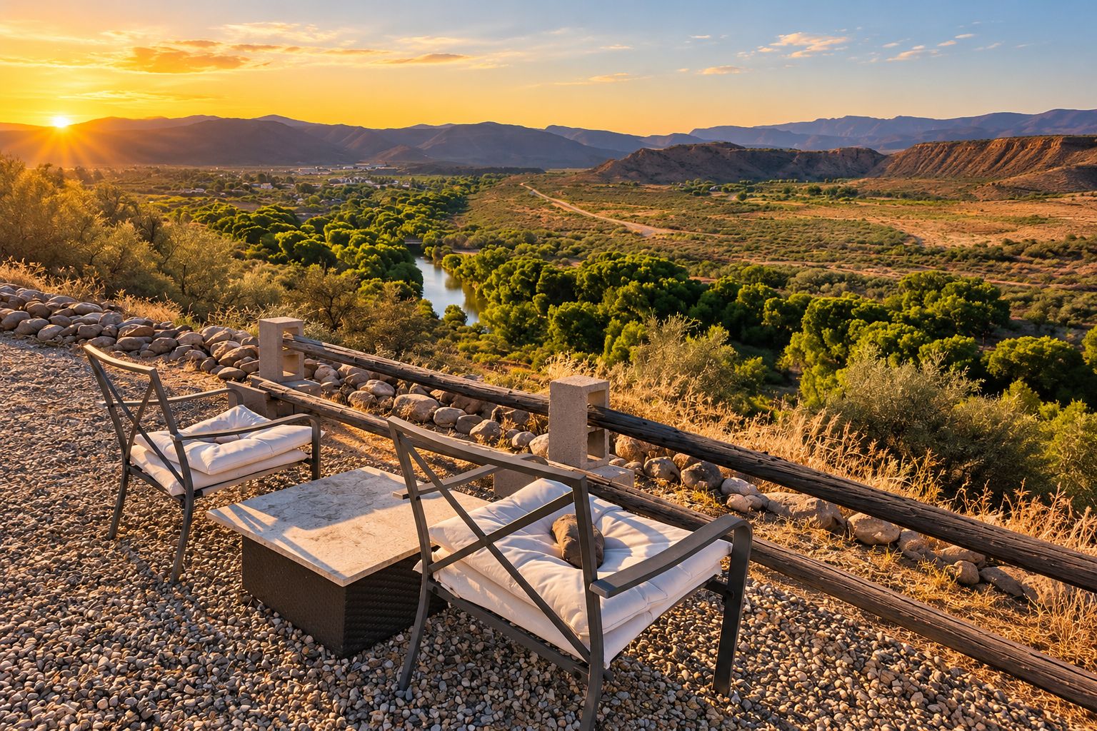 An outdoor seating area with two chairs and a table, overlooking a valley with a river and mountains in the distance.