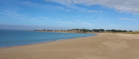 A wide sandy beach with a calm sea, a clear sky, and a distant shoreline with buildings.