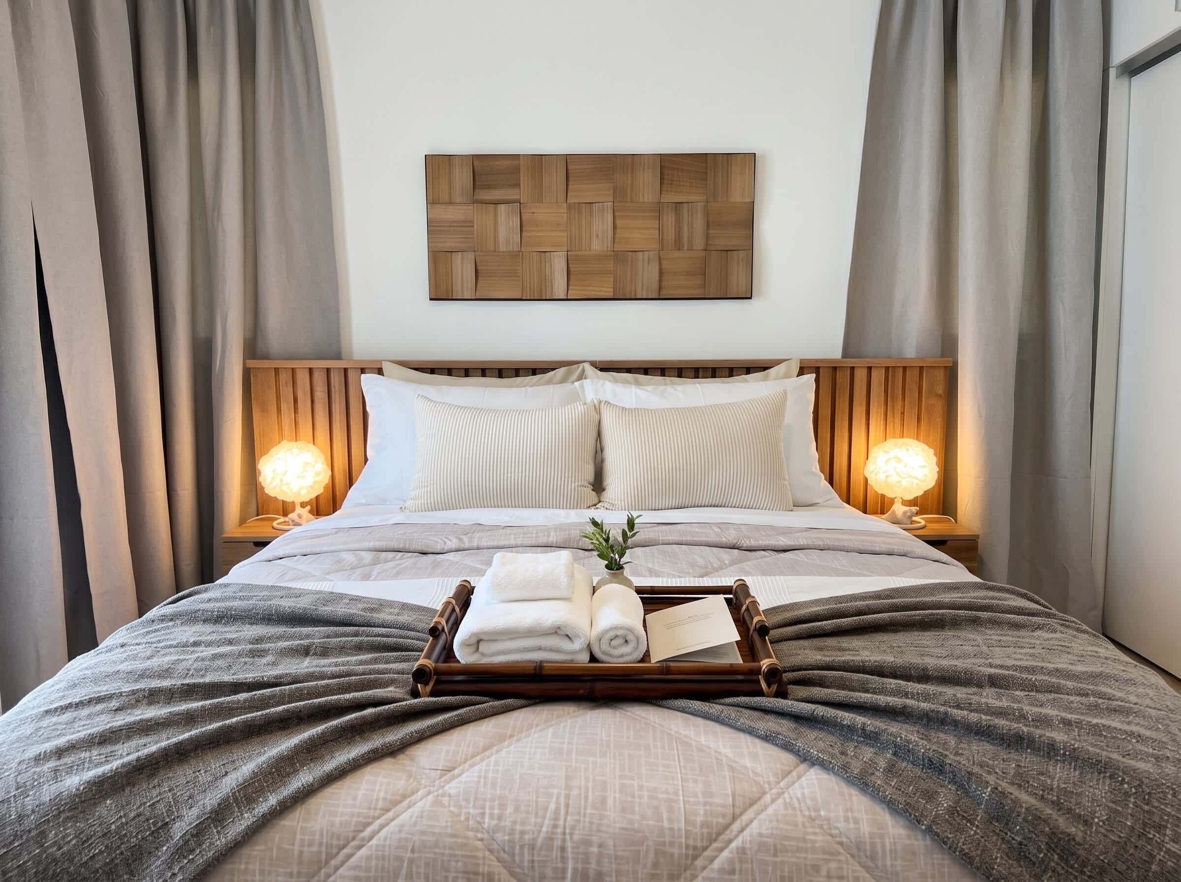 A neatly made bed with a wooden headboard, two bedside lamps, and a tray with towels.