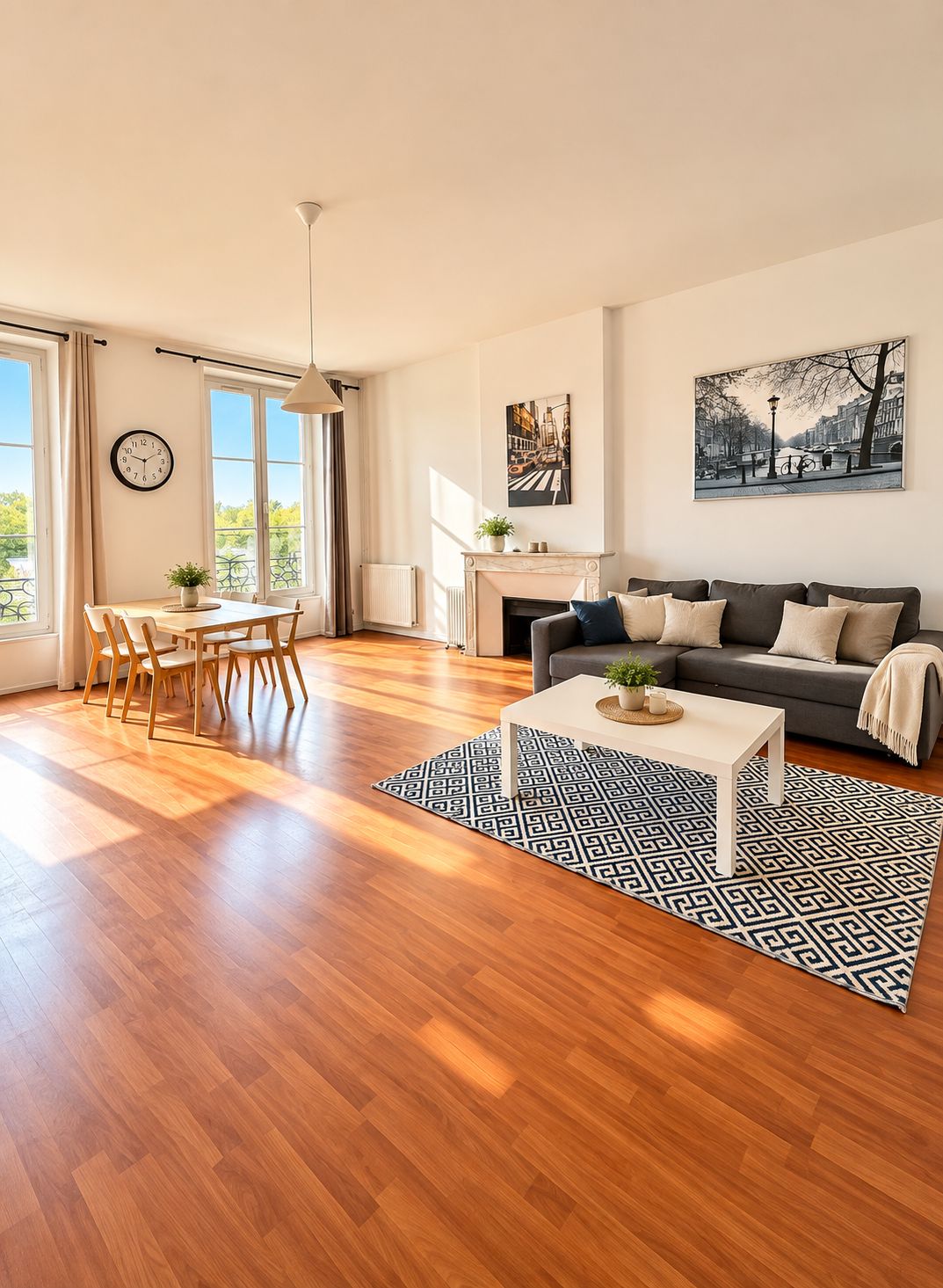Un salon spacieux doté d’un plancher en bois, d’un canapé gris, d’une table basse blanche et d’un coin repas avec des chaises et une table.