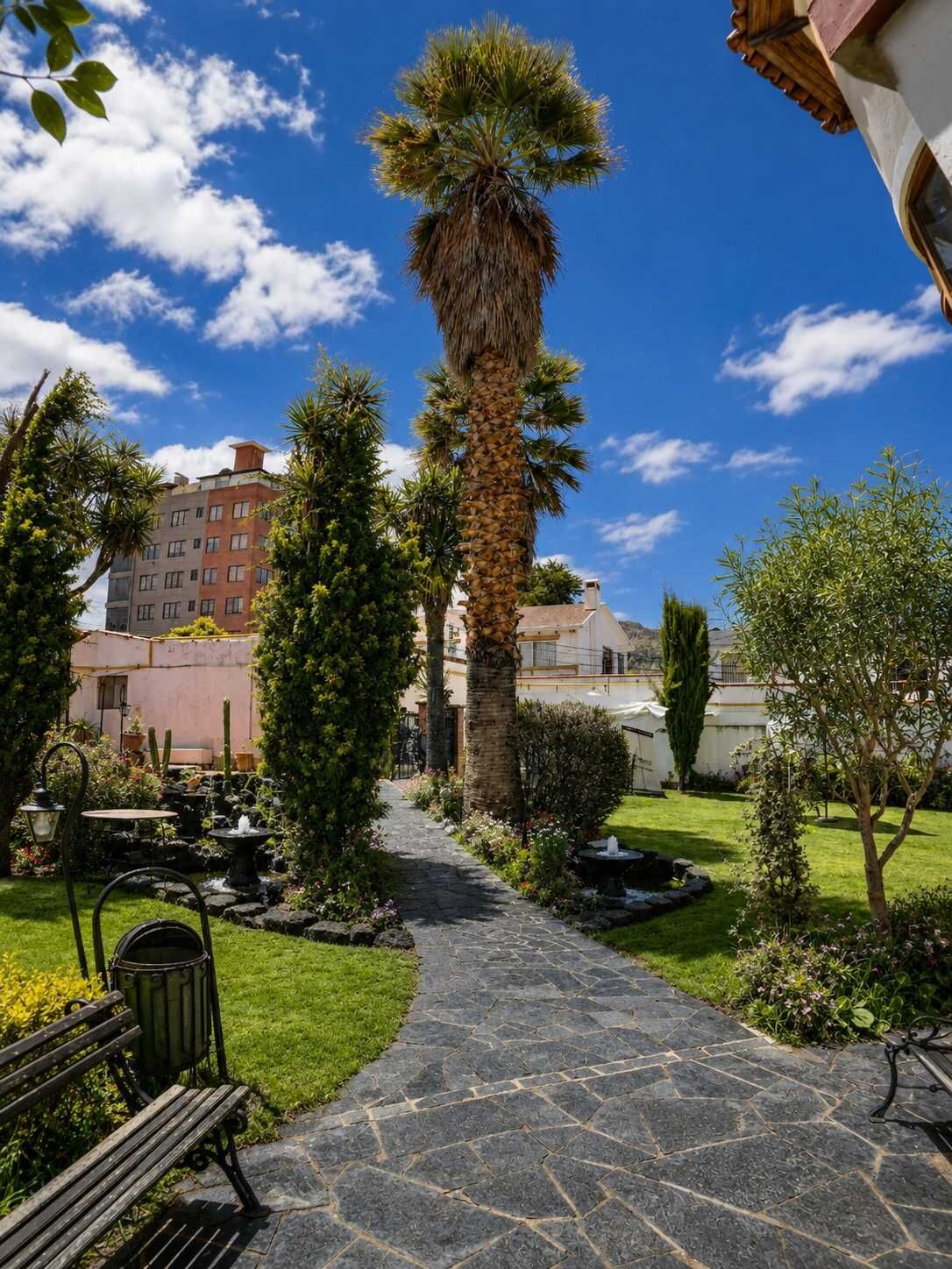 A courtyard with a stone pathway, palm trees, and a building in the background.