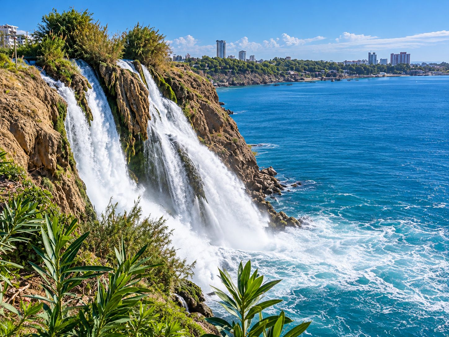 A coastal waterfall with a view of the ocean and a city skyline in the background.