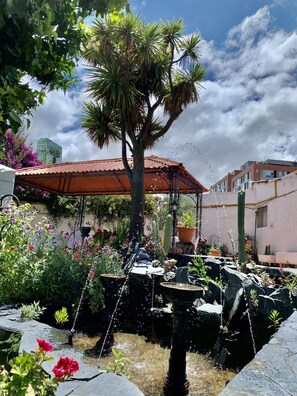 A garden with a fountain, a palm tree, and a building with a red roof in the background.