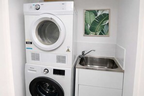 Ein kleiner Waschbereich mit einer Frontlader-Waschmaschine und einem Trockner, einem Edelstahl-Spülbecken und einer Wandpflanze in einem Bilderrahmen.