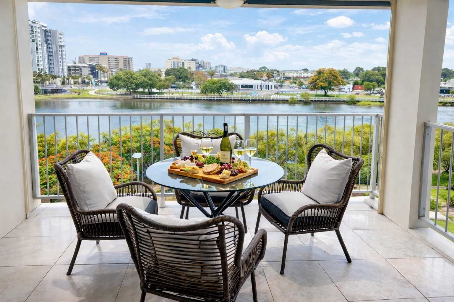 Un balcon avec une table dressée pour un repas, des chaises en osier et une vue sur le paysage urbain et l’eau.
