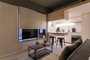A modern living space with a flat-screen TV, a small coffee table with plants, a sofa, and a kitchen area with a sink and stove. - Quiet Study · Selected Design (H09) (Providencia)