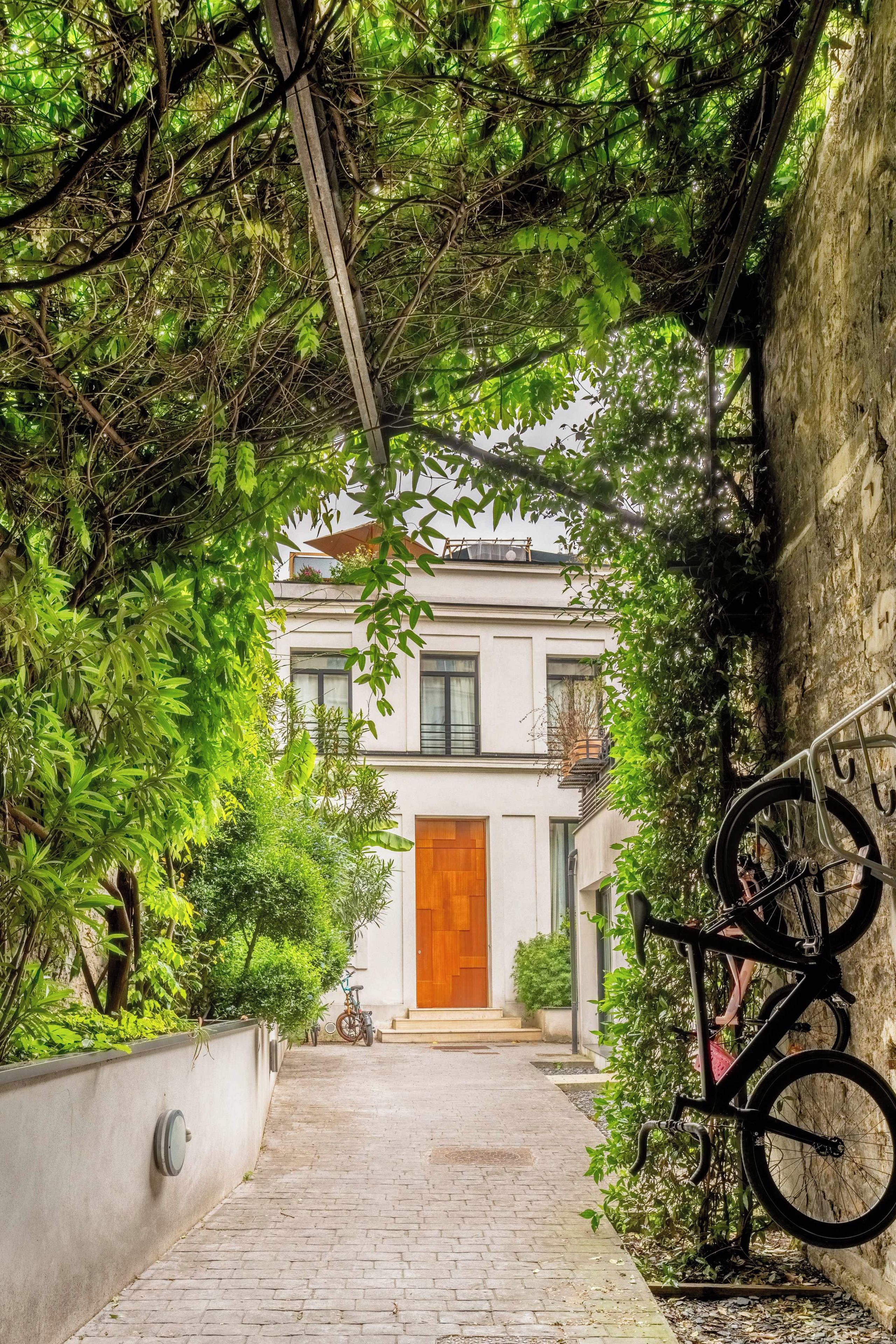 A narrow paved pathway leading to a building with a wooden door, surrounded by lush greenery and a bicycle leaning against a wall.