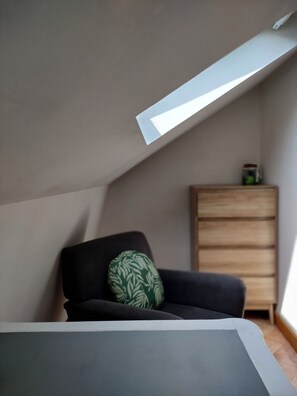 A room with a sloped ceiling, a dark sofa with a patterned pillow, a wooden cabinet, and a window providing natural light. - Townhouse with a terrace and garden, 180 m from the lock. (Tinténiac)