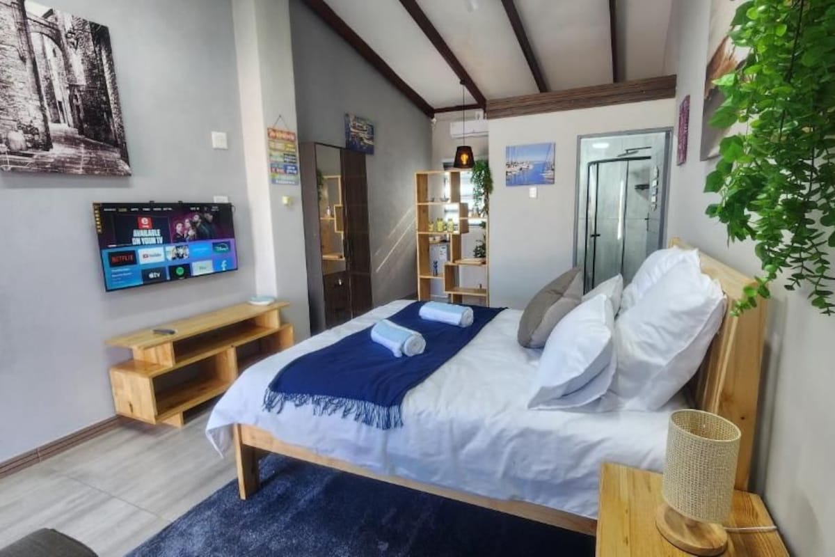Een slaapkamer met een bed, een aan de muur bevestigde televisie, een houten plank en een hangende plant.