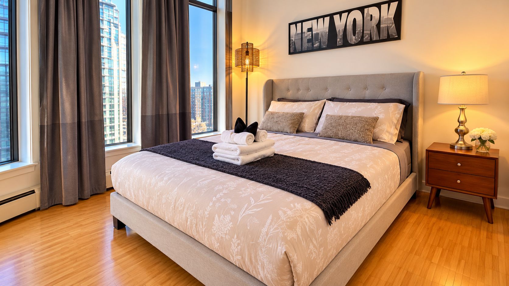 A hotel room with a large bed, a nightstand, a lamp, and a view of the city.
