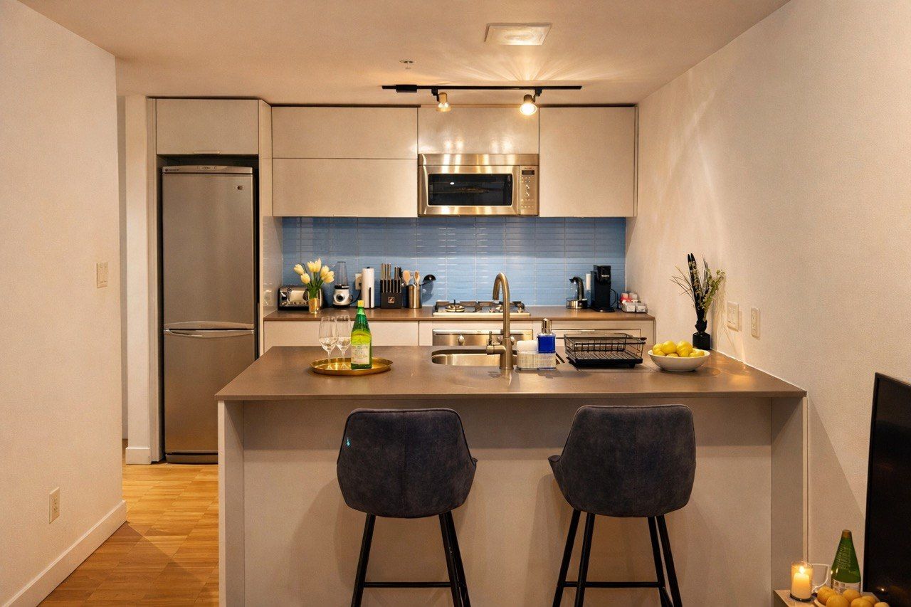 A modern kitchen with a stainless steel refrigerator, a built-in microwave, and a large island with bar stools.