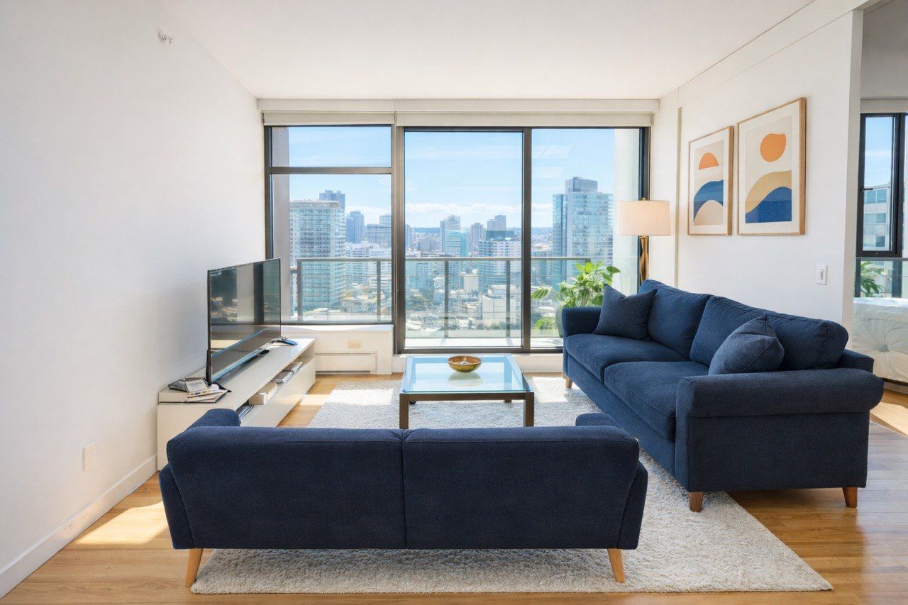 Un salon moderne avec une grande fenêtre, un canapé, une table basse et un téléviseur à écran plat.