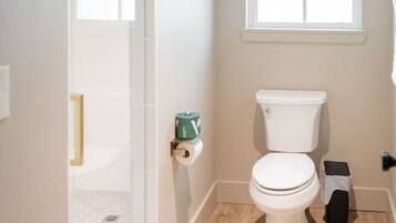 A bathroom with a toilet, a window, a shower, and a toilet paper holder.