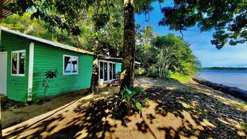 A green wooden cabin with a window and a door, surrounded by trees and a beach.