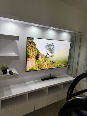 A flat-screen TV mounted on a wall with a landscape image, a small potted plant, and a remote control. - Villa Valmira | private pool (Canóvanas)