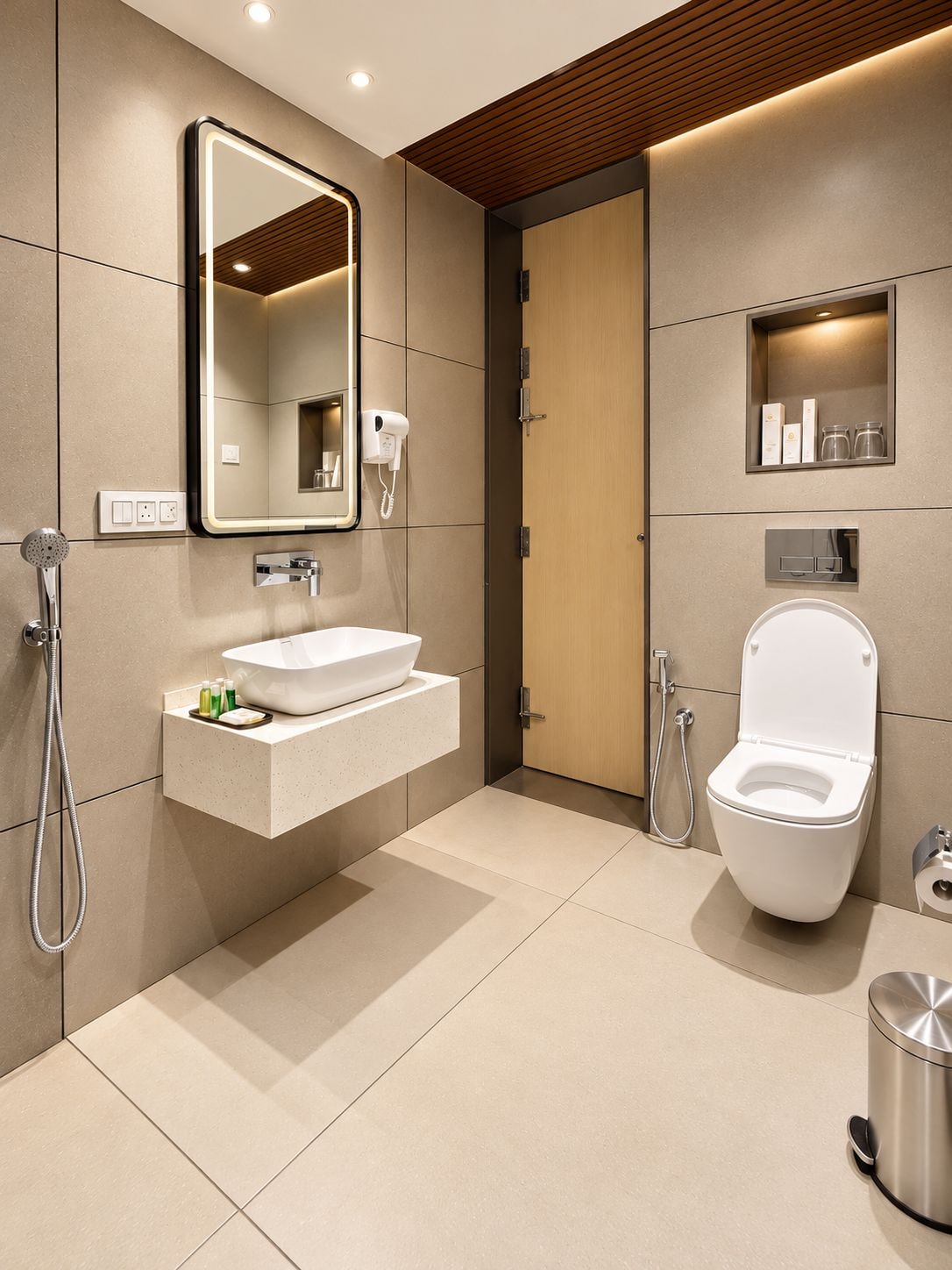 A modern bathroom with a large mirror, a white sink, a toilet, and a shower.