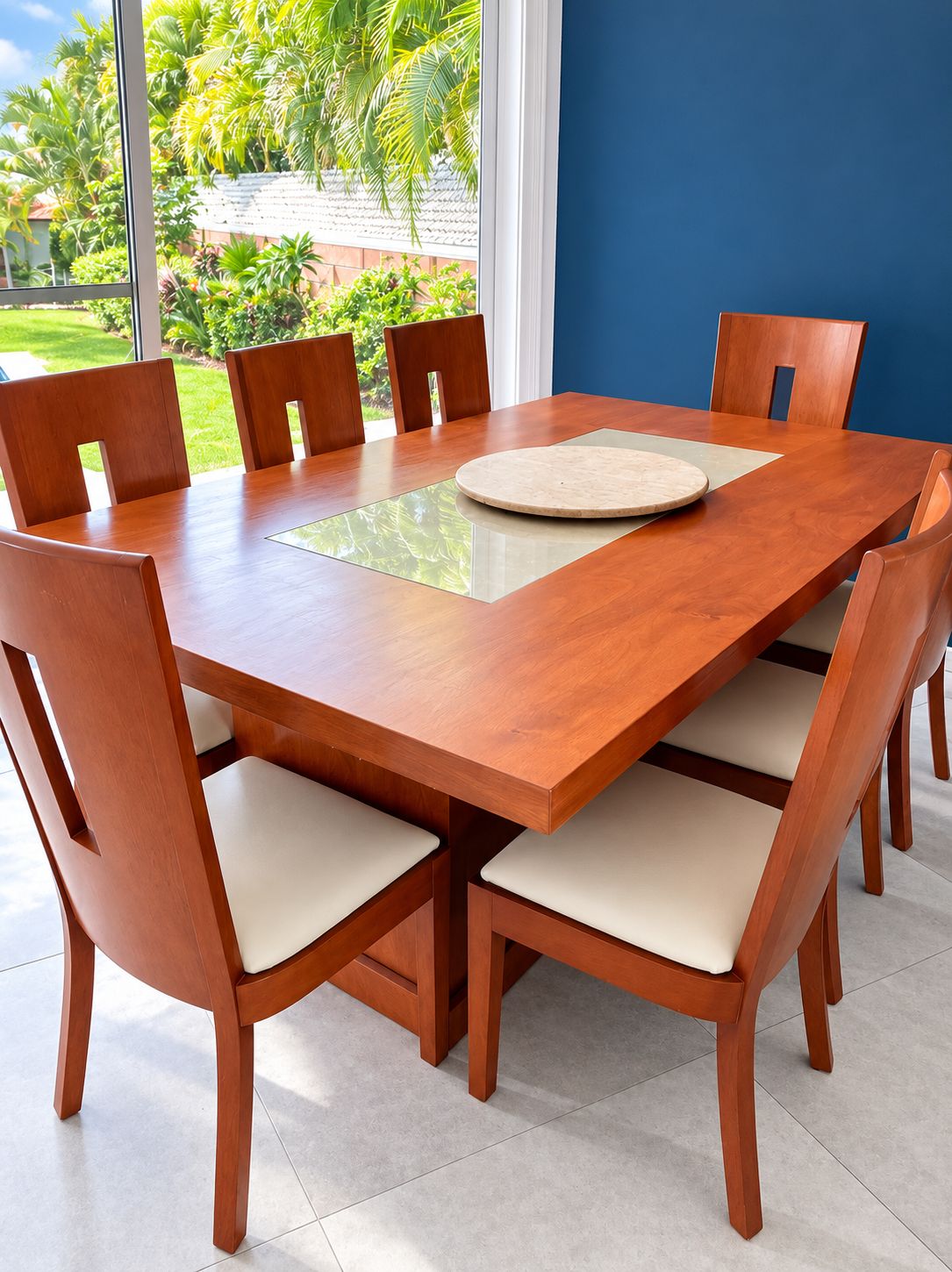 A rectangular wooden dining table with six chairs, each with a cushioned seat.