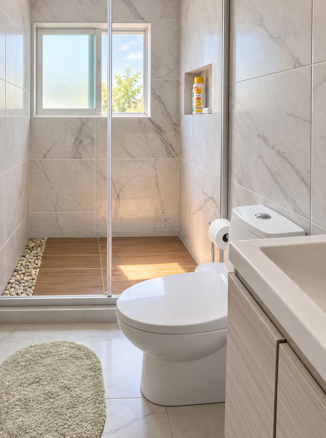 Ein modernes Badezimmer mit Toilette, einer Dusche mit Glastür und einem Fenster für natürliches Licht.