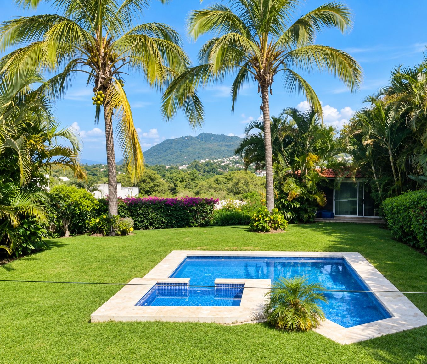 A rectangular swimming pool with a clear blue water surface, surrounded by well-maintained grass and palm trees.