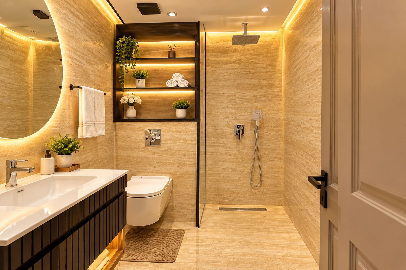 Een moderne badkamer met een ingebouwd wastafelmeubel, toilet en douche. Er staan planten en toiletartikelen op planken.