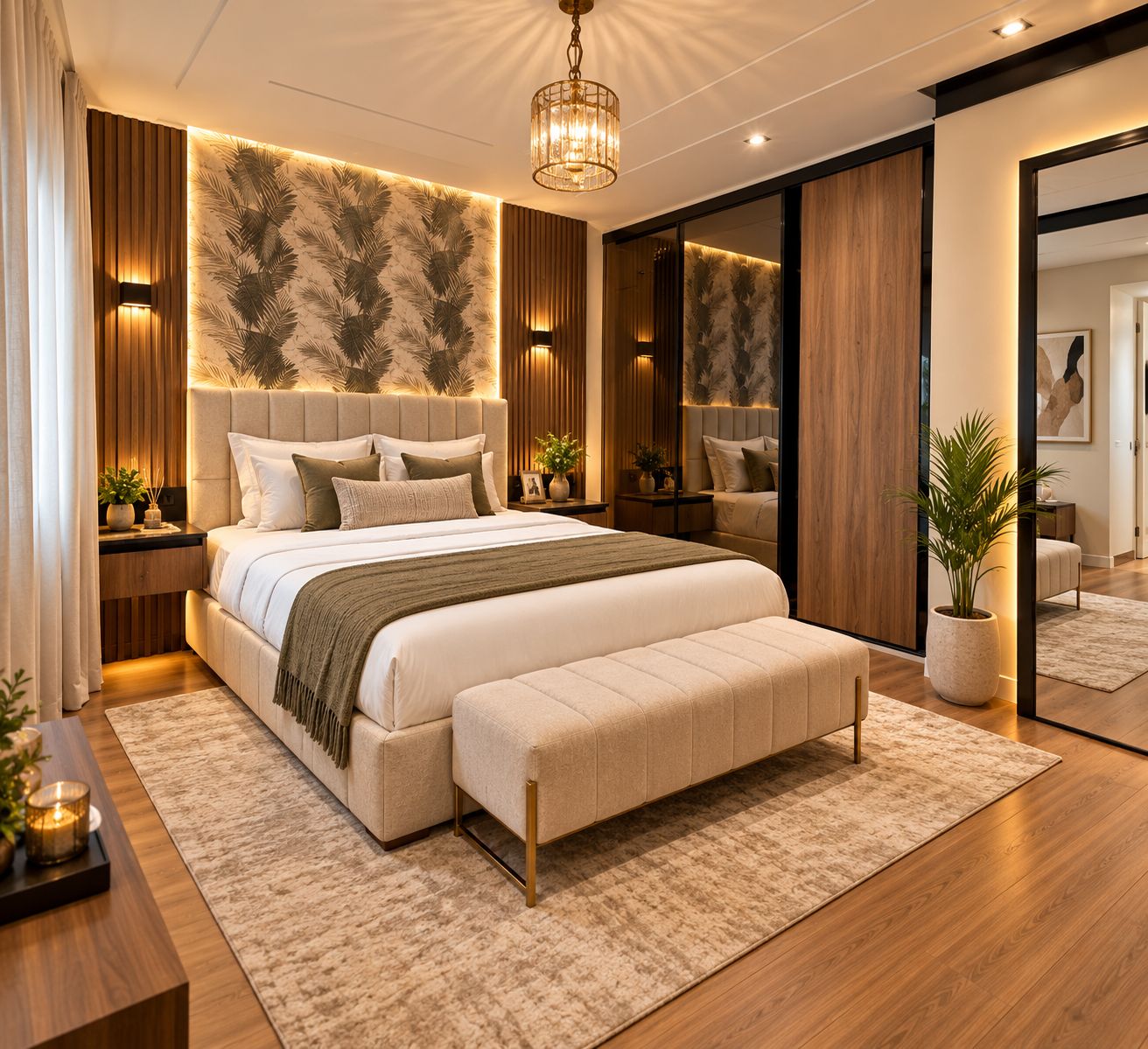 Een moderne slaapkamer met een groot bed, nachtkastjes, een bankje en een kroonluchter.