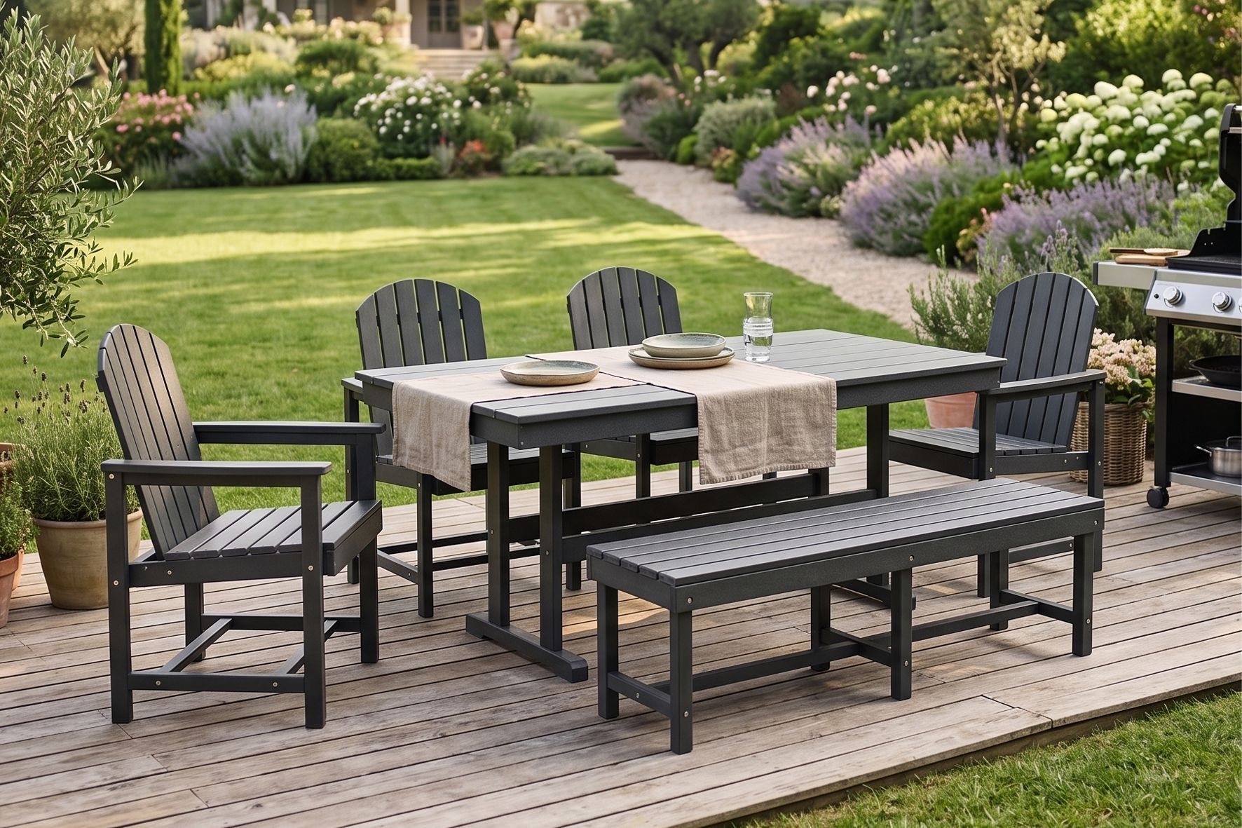 Una terraza con mesa y sillas, rodeada por un jardín con diversas plantas.