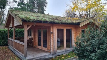 A wooden cabin with a covered porch and a glass door entrance.