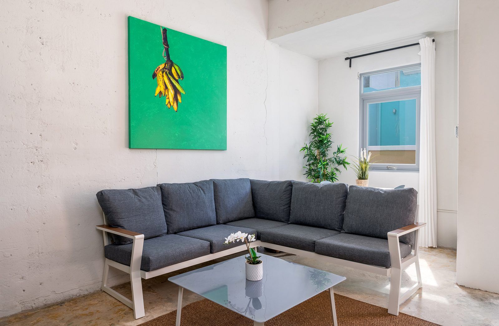 A modern living room with a gray sectional sofa, a glass coffee table, a green abstract painting, a potted plant, and a window with white curtains.