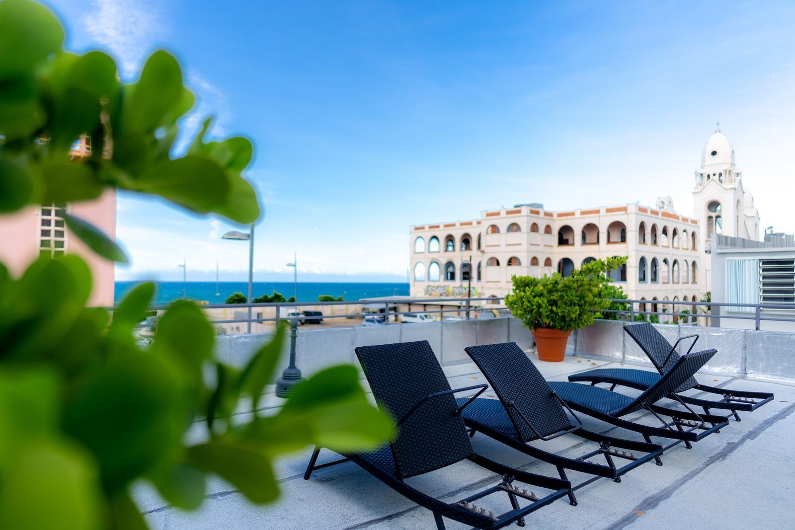 A rooftop terrace with lounge chairs, a potted plant, and a view of the sea and historic buildings.