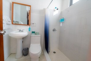 Een badkamer met een wastafel, toilet en douche.