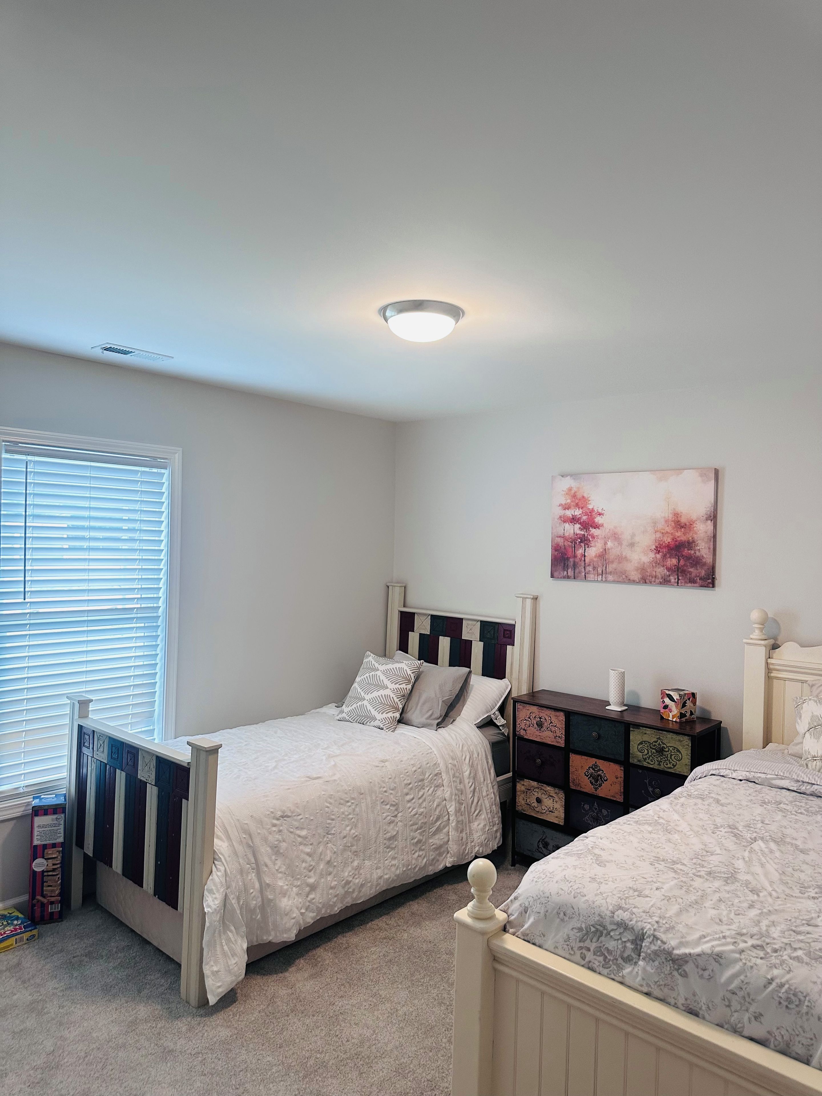 A bedroom with two beds, a window with blinds, a ceiling light, and a wall-mounted painting.