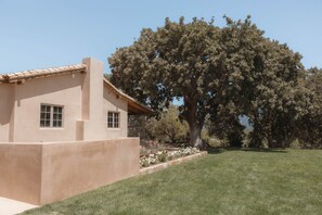 A single-story house with a flat roof and a large tree in the background. - Sunstone Guest Cottage (Santa Barbara County)