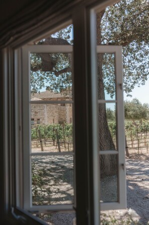 A view through an open window of a vineyard with a stone building in the background. - Sunstone Guest Cottage (Santa Barbara County)