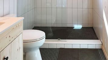 A small bathroom with a toilet, a shower area, and a window.