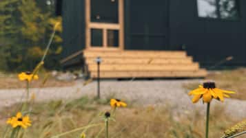 A cabin with a wooden front door and steps leading up to it, surrounded by yellow flowers.