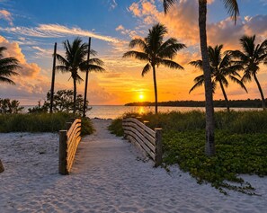 Un sentier en bois mène à une plage bordée de palmiers, avec un coucher de soleil en arrière-plan.