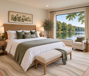 A bedroom with a large bed, a view of a lake, and a wooden headboard. - Lakefront Paradise 4 king bedrooms, Hot Tub & Private Beach ,fire pit sleeps 12 (Little Elm)
