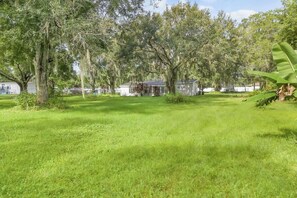Une zone verdoyante avec des arbres et un petit bâtiment, probablement un parc ou un jardin situé dans un quartier résidentiel.