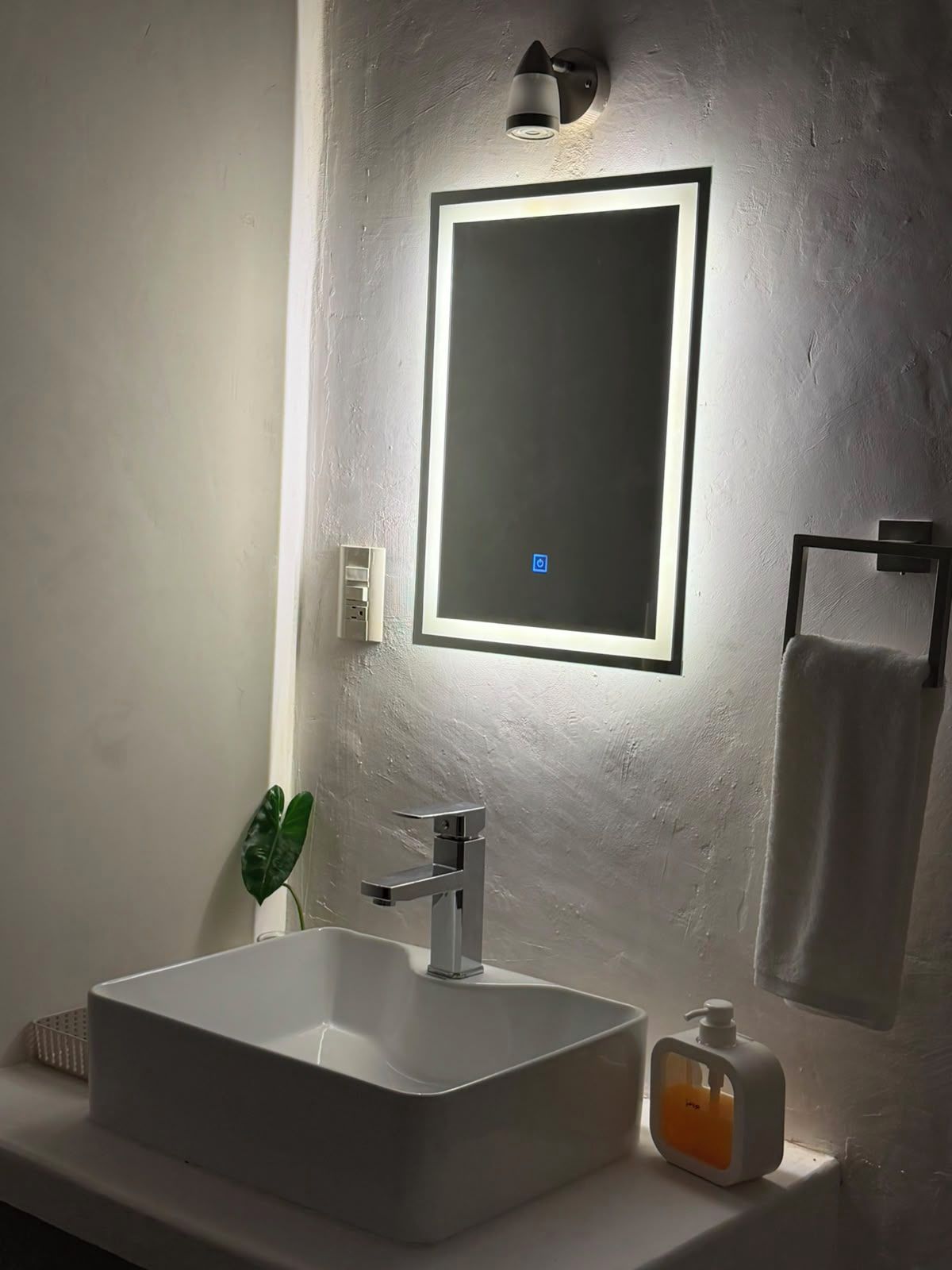 Un bagno con un lavandino bianco, uno specchio, un portascopevoli e una pianta.