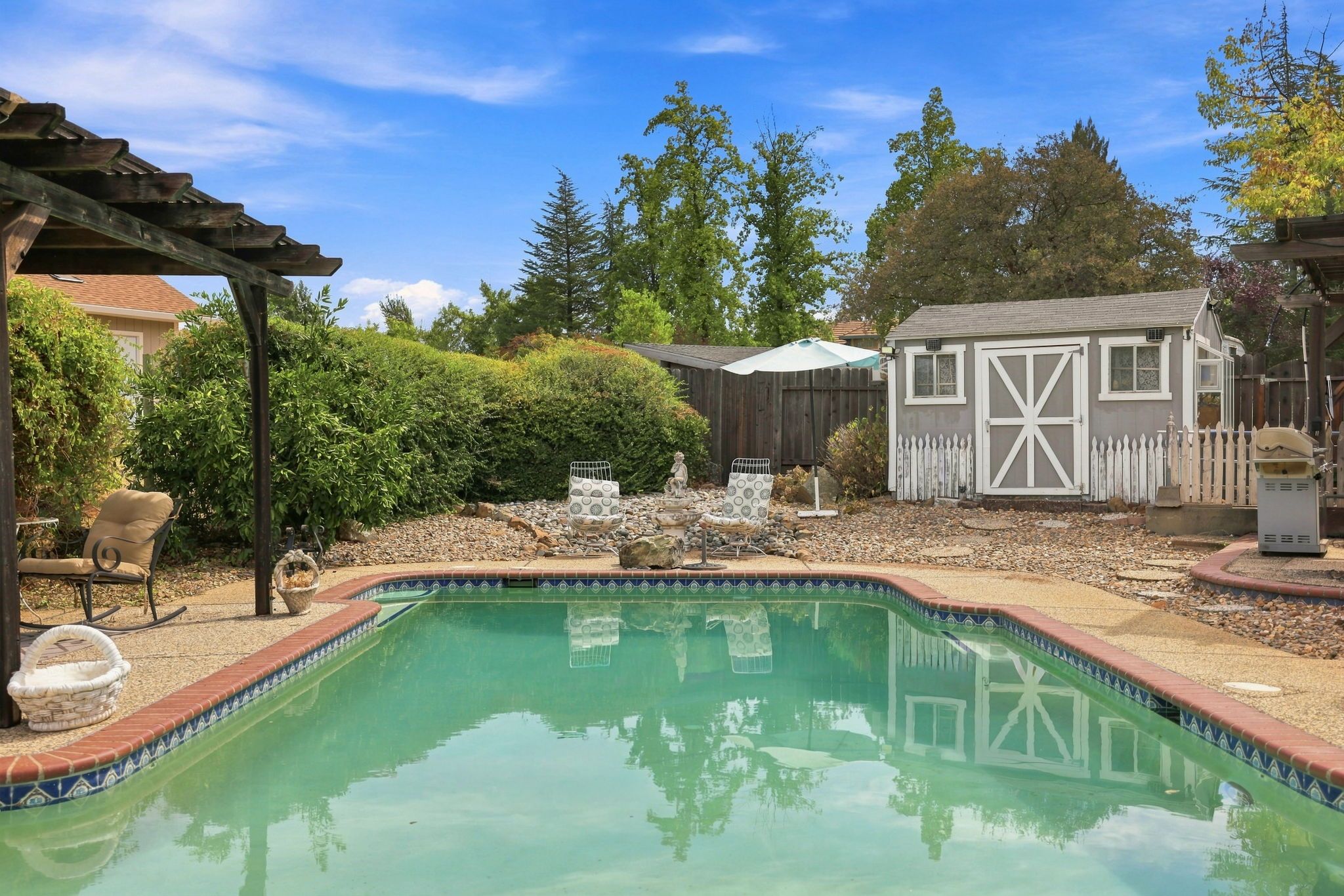 Una piscina con borde de azulejos, rodeada de un jardín con diversas plantas y un pequeño cobertizo.