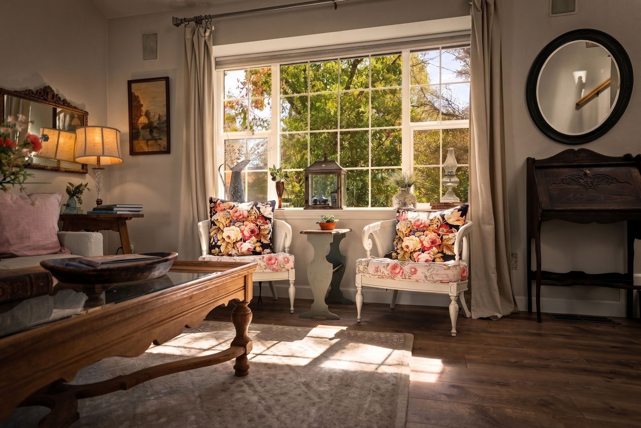 A cozy room with a large window, a wooden table, two chairs with floral upholstery, a mirror, and a lamp.
