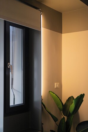A room with a door leading to a dark interior, a window with a curtain, and a potted plant. - Quiet Studio · Selected Design (H18) (Providencia)