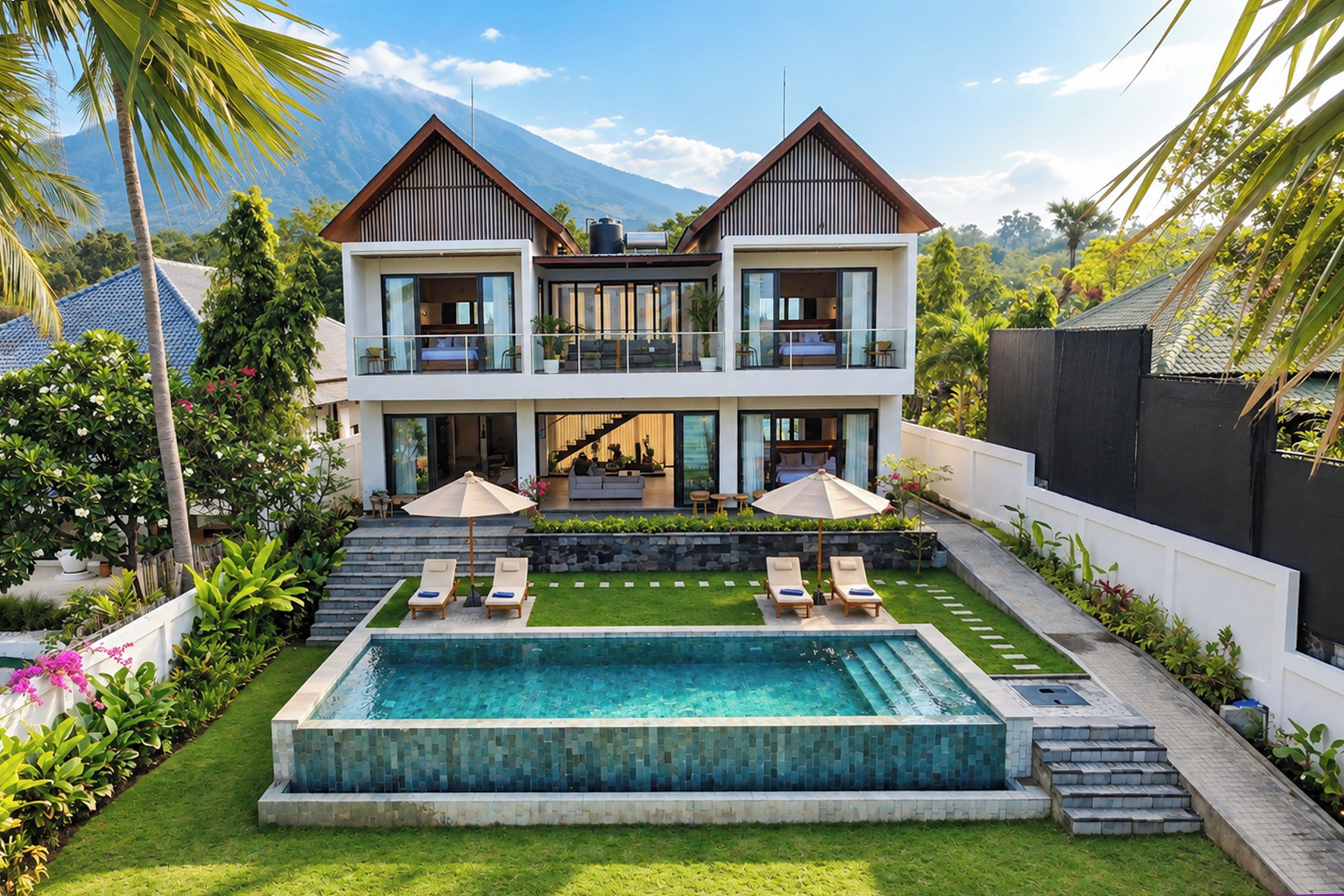 A modern two-story house with a swimming pool, lounge chairs, and a well-maintained garden.