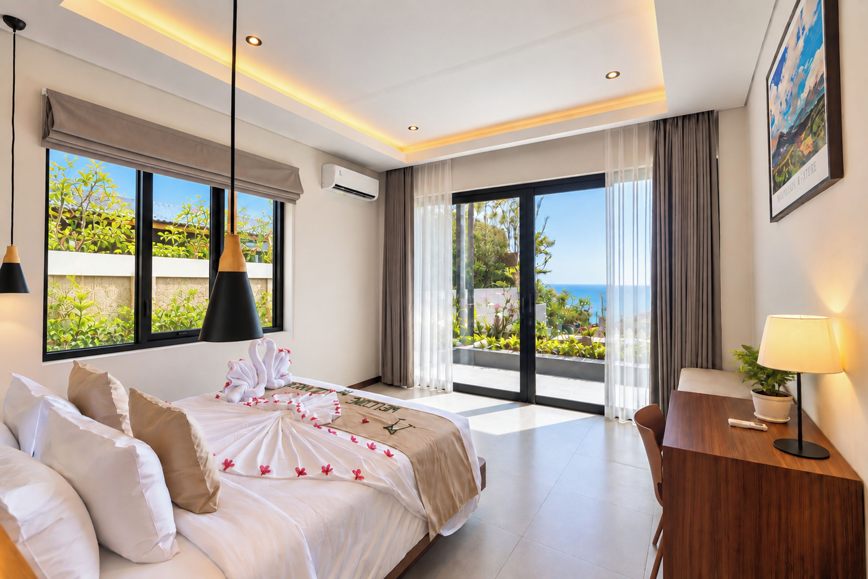 A modern hotel room with a large bed, a view of the sea, and a balcony.