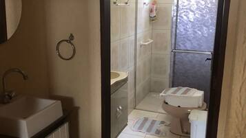 A bathroom with a sink, toilet, and shower area.