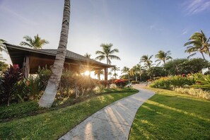 Uma trilha leva a um edifício com telhado inclinado, cercado por palmeiras e diversas plantas.